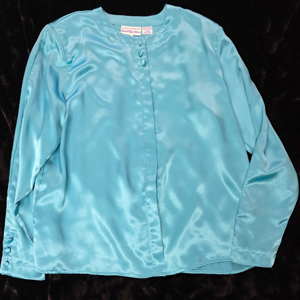 Vintage Satin Blouse Women 12 Blue‎ Shirt Top, Queens Way to Fashion GUC